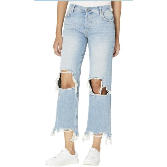 Free People Denim - Free People Women Jeans 29 High Rise Wide Leg Blue Distressed Chewed Hem